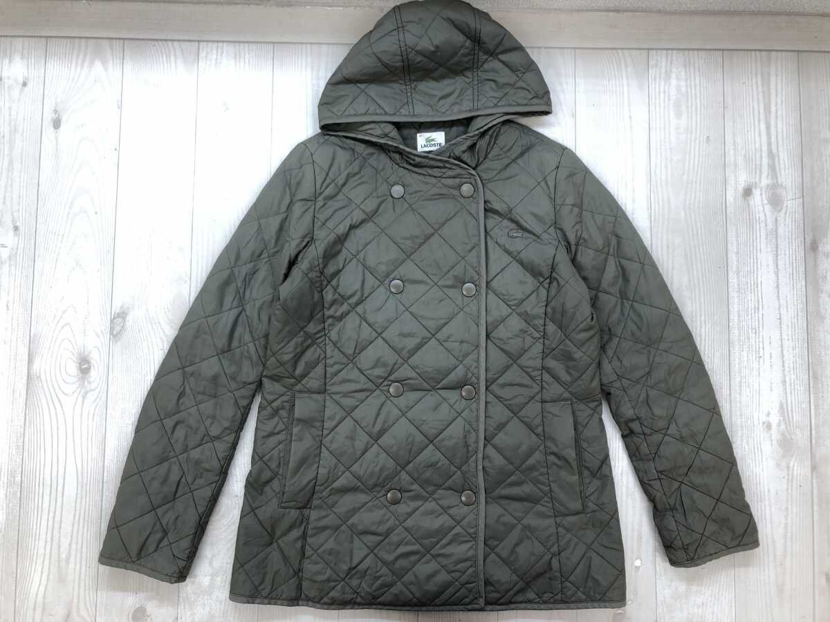 ラコステ LACOSTE トラッド クラシック パイピング ダブル キルティング コート パーカー ジャケット レディース ナイロン100% 40 カーキ拍卖