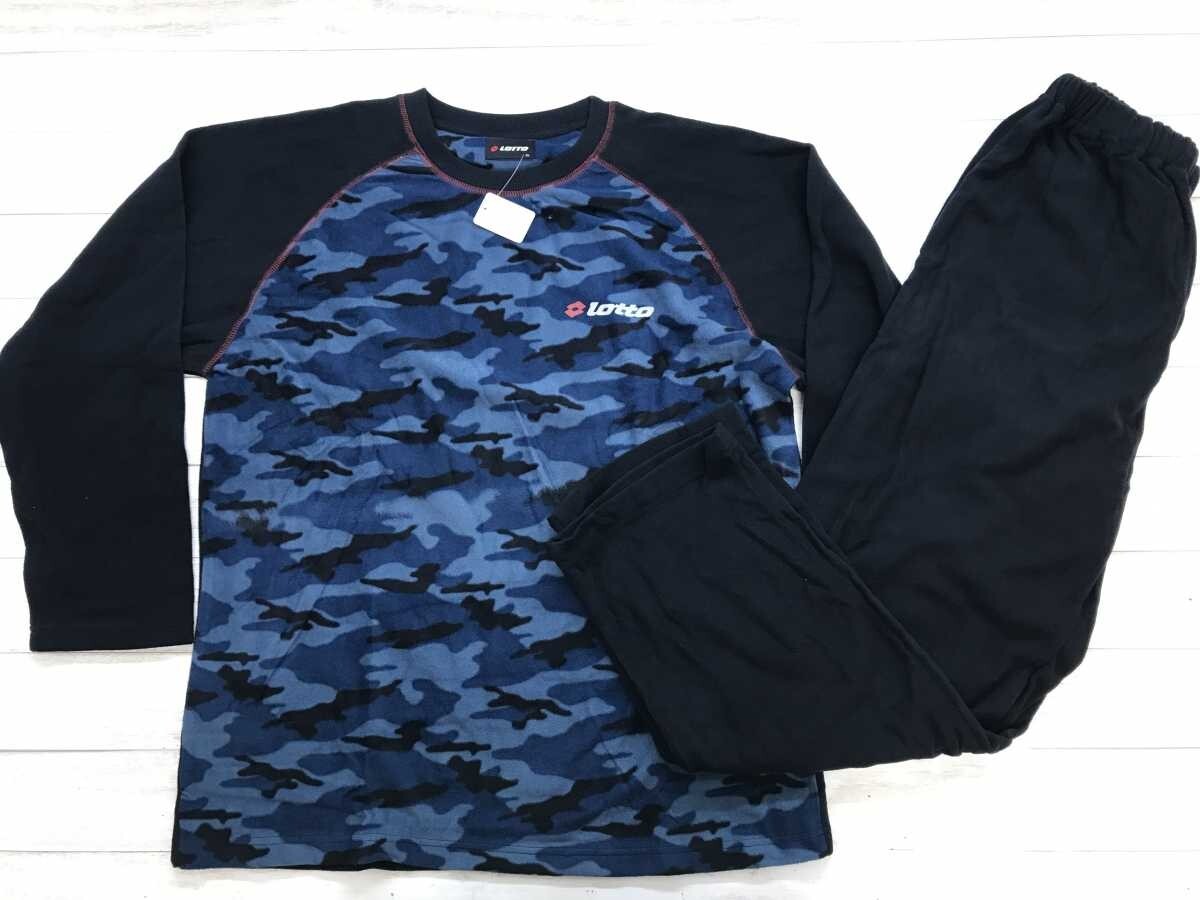 新品 ロット lotto レトロ スポーツ 迷彩カモフラ フリース ナイトウェア パジャマ上下セットアップメンズ XL 紺黒拍卖