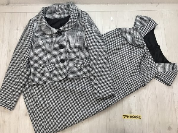 美品!THEORIA しまむら レディース 千鳥柄風 総柄 ワンピース・ジャケット 上下セットアップ 13AR 黒白拍卖