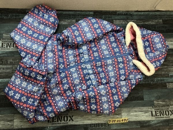 BLUE MART キッズ フード付き 中綿 防寒 ジップ オールインワン 130 青×薄い朱色×白拍卖