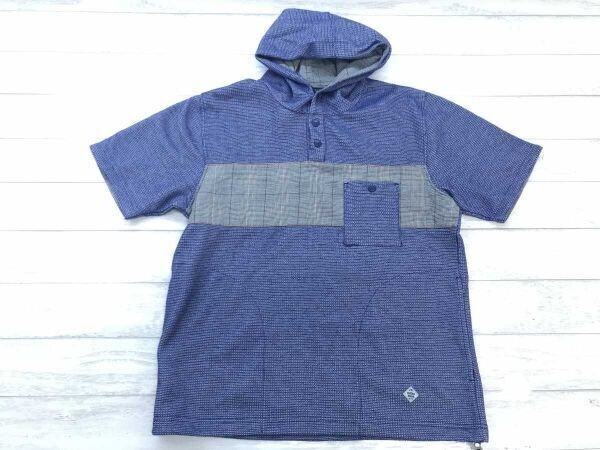 三峰 Mitsumine ドメスティック フード裏地グレンチェック ハーフボタン 半袖Tシャツ パーカー プルオーバー メンズ コットン混合 M 紺拍卖