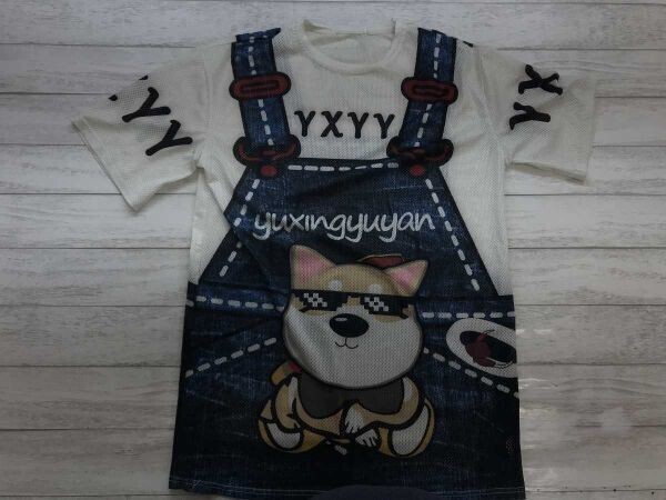 レトロ ファンシー キュート 犬 ワンちゃん キャラクター メッシュ 両面プリント オーバーオール だまし絵 半袖Tシャツ レディース L 白紺拍卖