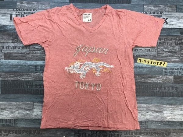CONNECTERS コネクターズ レディース 龍刺繍 和柄 Vネック 半袖Tシャツ S 杢ピンク拍卖