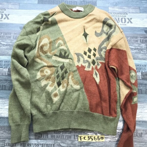 CLUB DE REVILLON メンズ 日本製 ウール混 ニットセーター 48 カーキ赤ブラウン拍卖