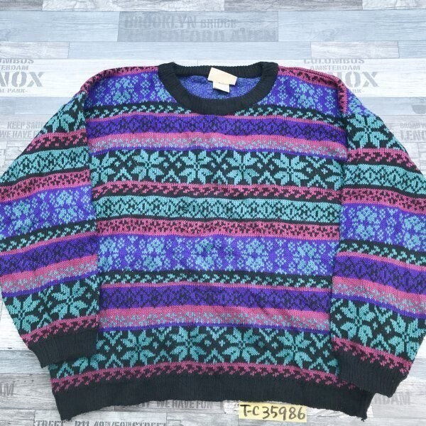 PERSPECTIVE メンズ 柄 アクリルニットセーター M 黒紫緑他拍卖