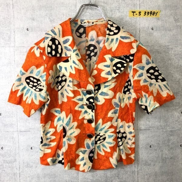MISS ALICE レディース 肩パッド入 総柄 シャツジャケット オレンジ拍卖