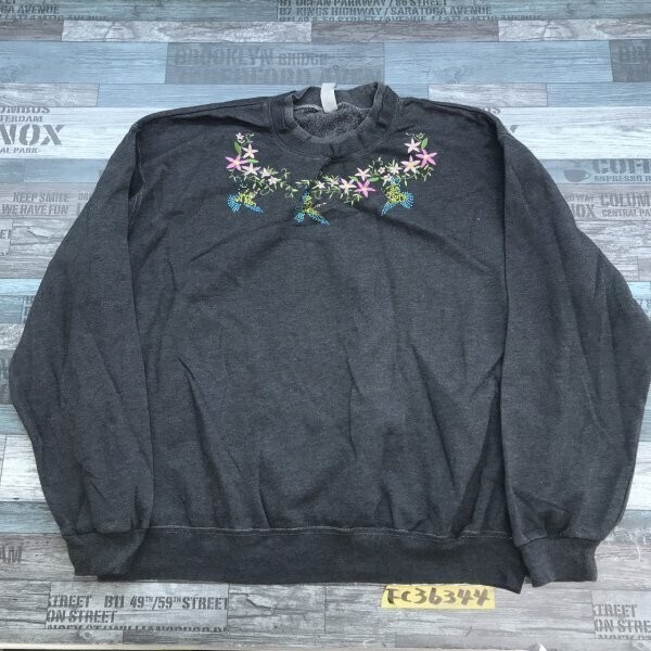 DECORATED ORIGINALS レディース コットン 裏起毛 花刺繍 ライトストーン付き レイヤード トレーナー 大きいサイズ XL ダークグレー拍卖