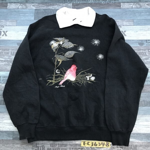 LEE リー レディース USA製 コットン混 裏起毛 襟付き 鳥プリント トレーナー L 黒拍卖