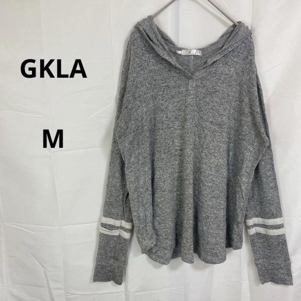 GKLA◇フード付きカットソー フーディー パーカー【M】グレー 袖ライン入り拍卖