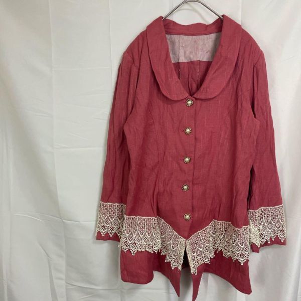 レトロ レース装飾ジャケット ピンク ヴィンテージ調 肩パッド 丸襟 春秋服拍卖