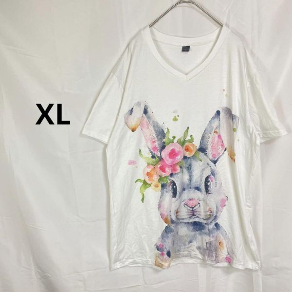 うさぎプリントTシャツ ホワイト【XL】カジュアル 春夏 薄手 普段着 可愛い拍卖