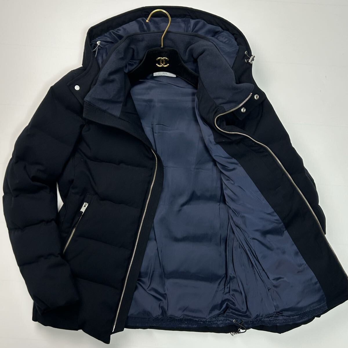 美品★ Lサイズ エディフィス EDIFICE ダウン80% ダウンジャケット ダウンコート レザー フード 2way ネイビー 濃紺 アウター 上着 メンズ拍卖