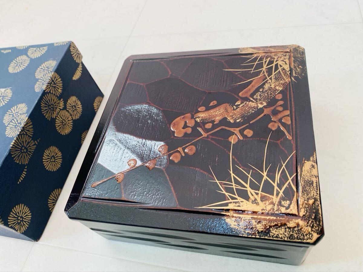 未使用 水戸彫 茨城県伝統工芸指定 漆器 重箱 菓子器 梅の花デザイン 金彩 蓋付器 17cm拍卖