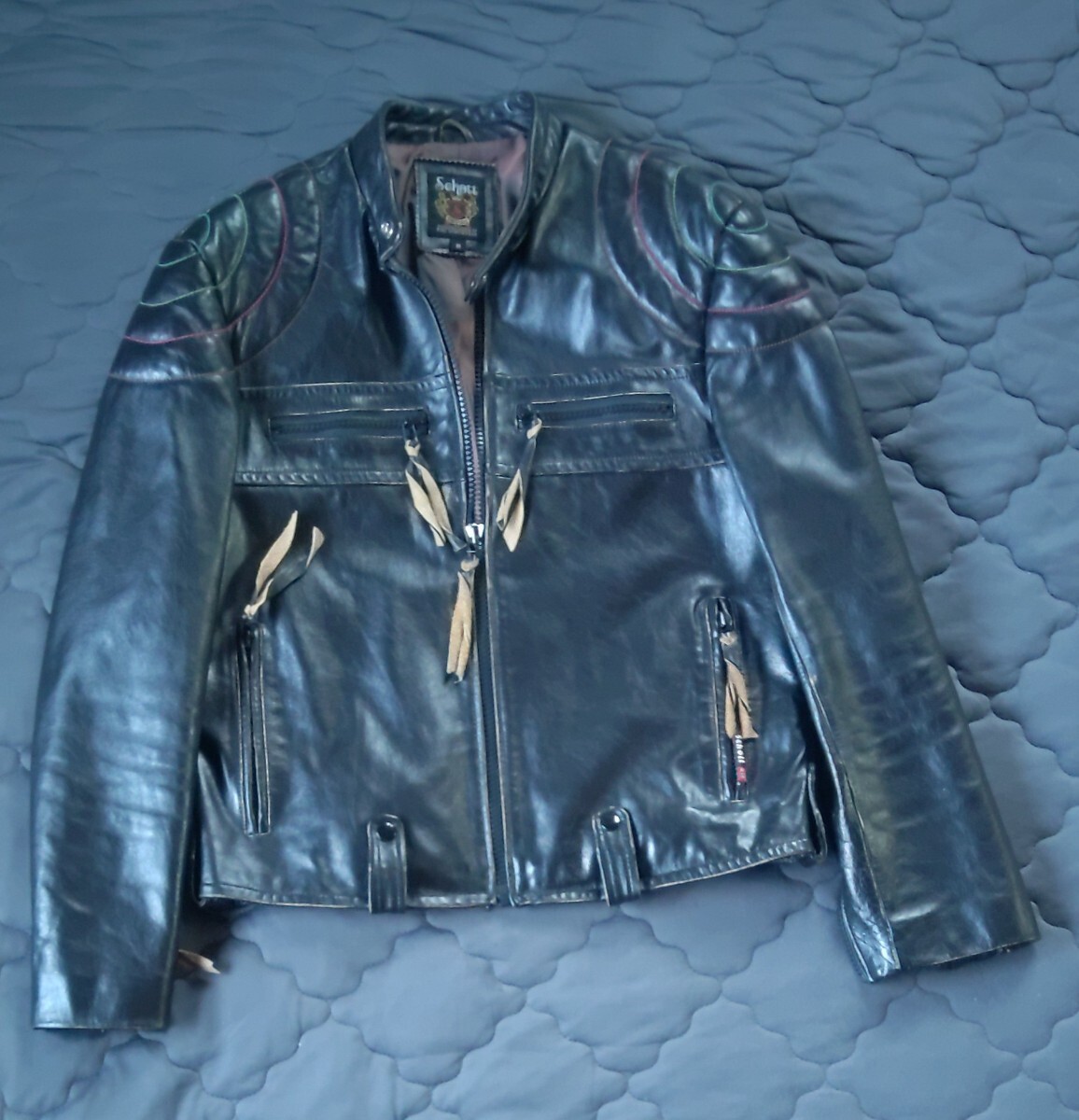 ショット ビンテージ加工 ライダースジャケット レインボーステッチ拍卖