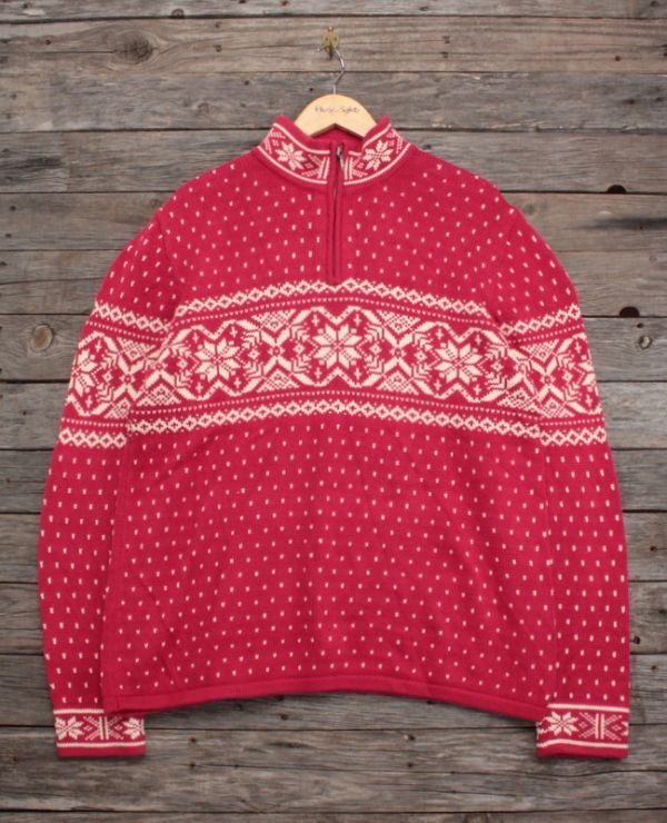 90's LAND'S END ノルディック 雪柄 コットンセーター ニット 赤 表M拍卖