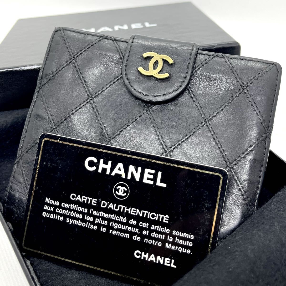 ●入手困難/箱付き CHANEL シャネル ビコローレ ココマーク 二つ折り財布 Wホック キルティング 本革 レザー 黒 ブラック 金具 ゴールド拍卖
