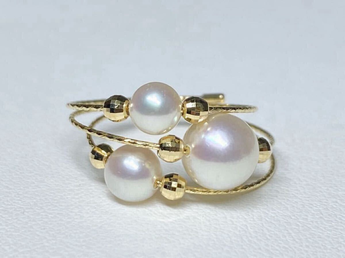 【フリーサイズ】絶品カラーホワイトピンク4.3~5.8mm 3個 アコヤ真珠K18リング 18金 パール 新品 アコヤパール あこや真珠 指輪 拍卖