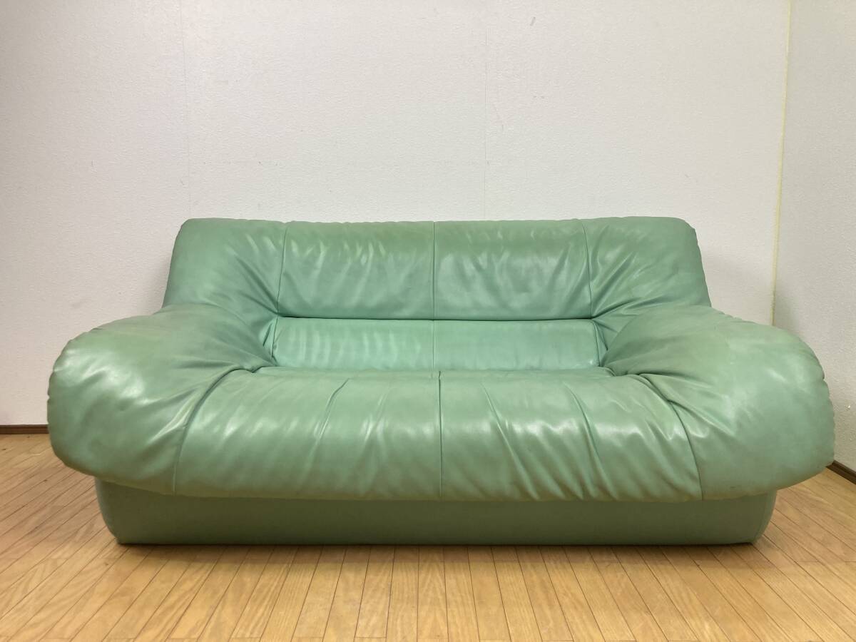 ★激安★ 革ソファ 合皮 2人掛け 二人掛け 格安 緑 グリーン 肘置き付き 大阪 引き取り可拍卖