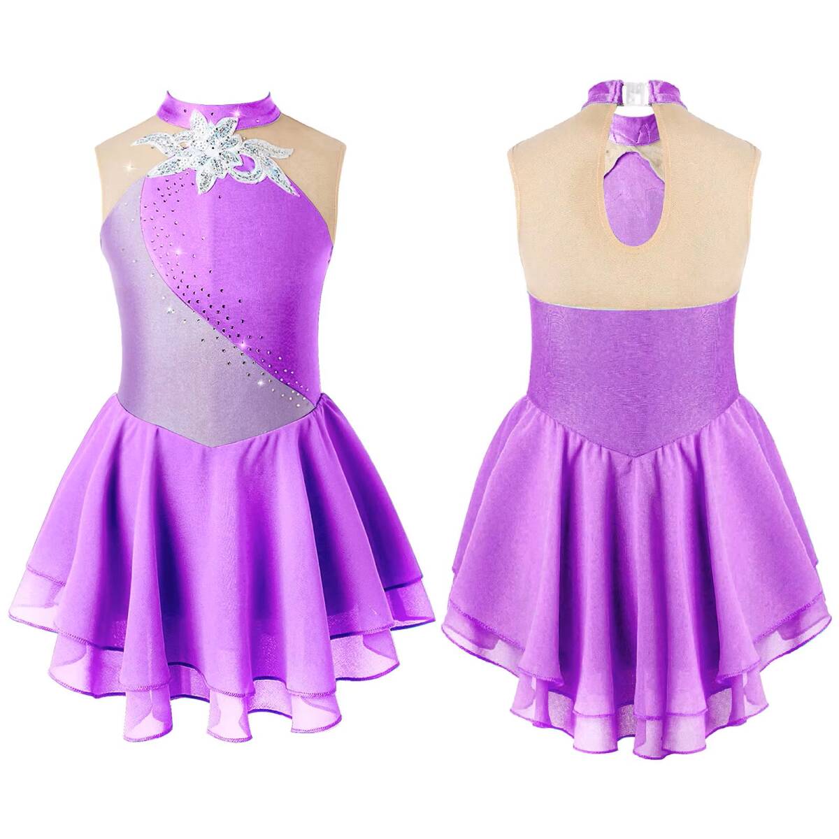 大きなUS16サイズ パープル パフォーマンスウェア ラインストーンスパンコールコスチューム アイススケートステージダンスウェア拍卖