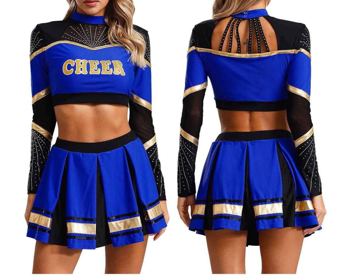 特大2XLサイズ ブルー チアリーダーダンスウェア長袖TOPS/BOXSPANTスカートSET 光沢 つるつる コスプレ ステージ衣装 IEFIEL社製拍卖