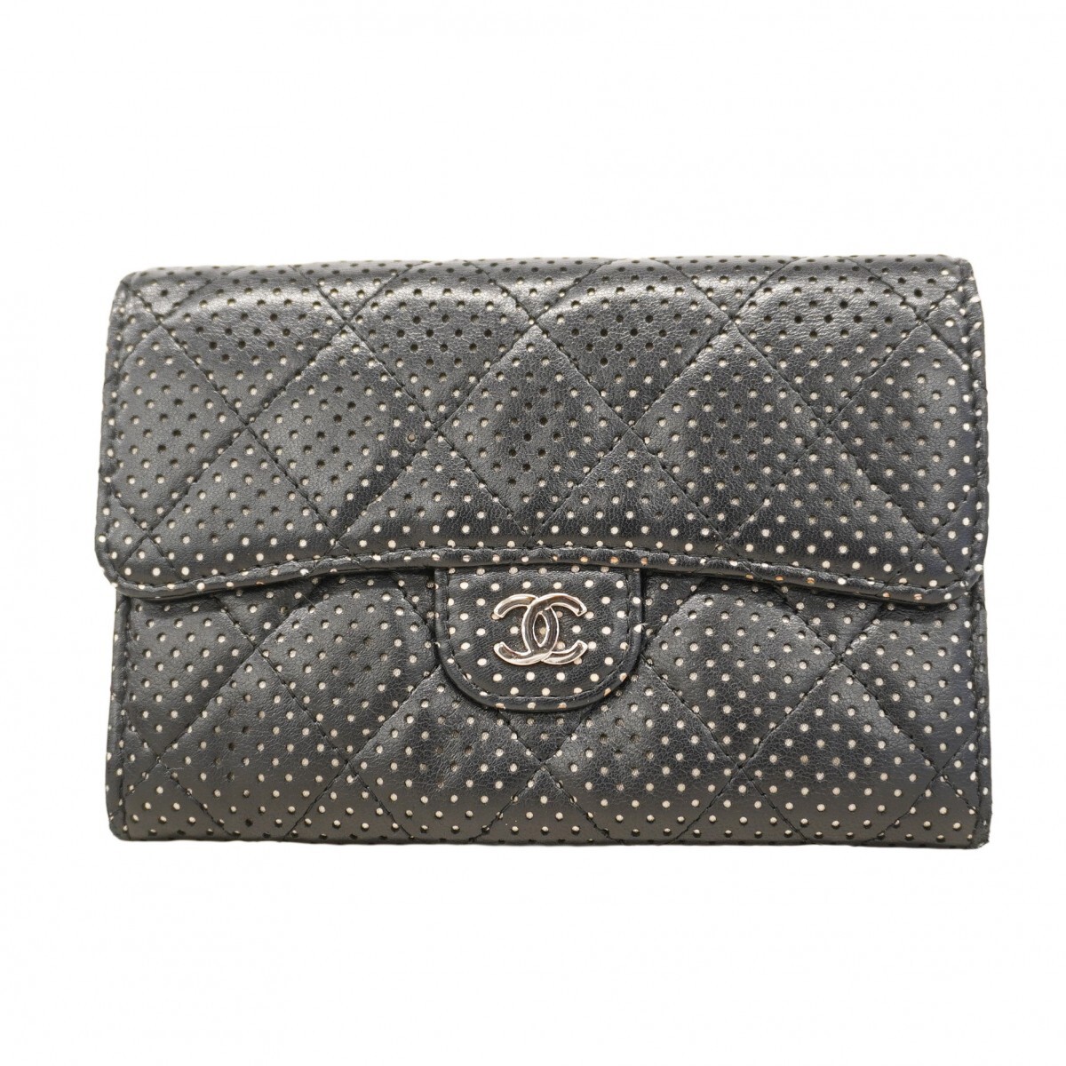 【5ob0059-h】シャネル コインケース マトラッセ パンチング ラムスキン ブラック シルバー金具【中古】レディース拍卖