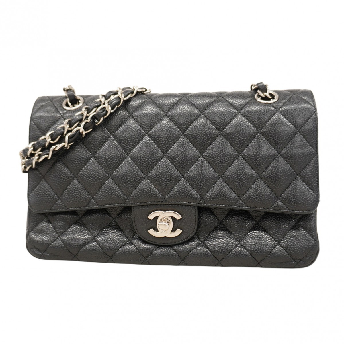 【5ob0360-h】シャネル ショルダーバッグ マトラッセ Wフラップ Wチェーン キャビアスキン ブラック シルバー金具【中古】レディース拍卖