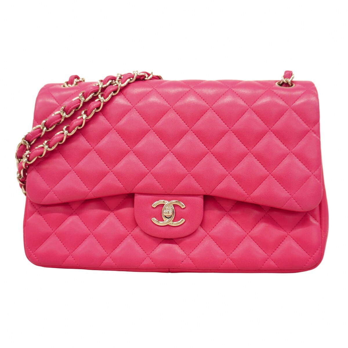 【5ob0359-h】シャネル ショルダーバッグ デカマトラッセ Wフラップ Wチェーン ラムスキン ピンク シルバー金具【中古】レディース拍卖