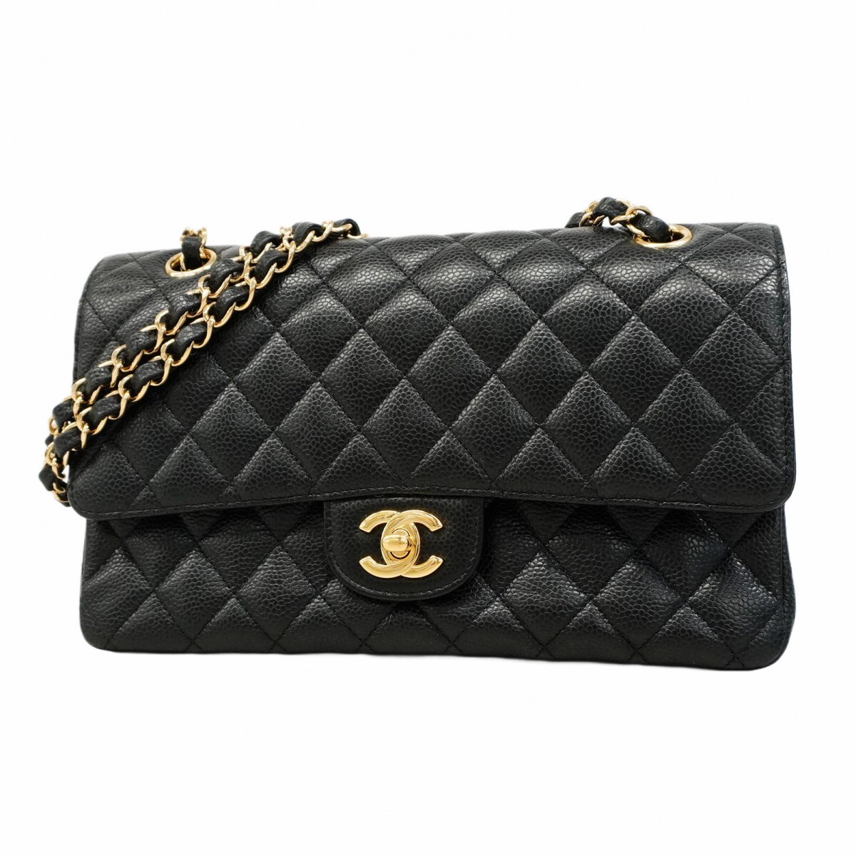 ★最終価格★SALE【5mc3153-h】シャネル ショルダーバッグ マトラッセ Wフラップ Wチェーン キャビアスキン ブラック ゴールド金具拍卖