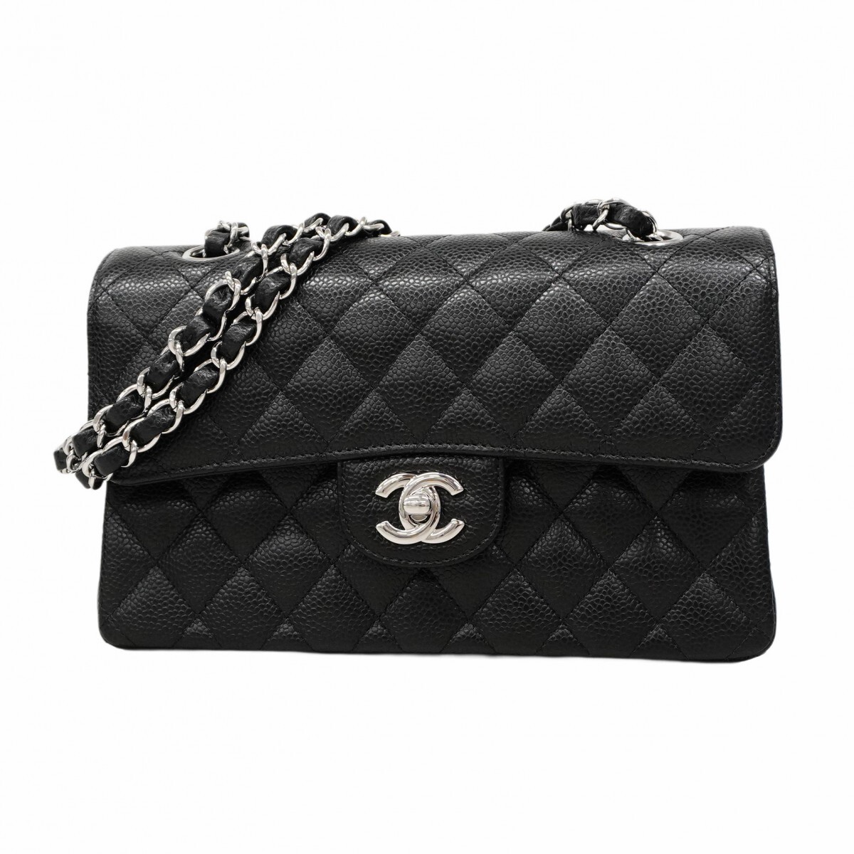 ★最終価格★SALE【5mc3225-h】シャネル ショルダーバッグ マトラッセ Wフラップ Wチェーン キャビアスキン ブラック シルバー金具拍卖