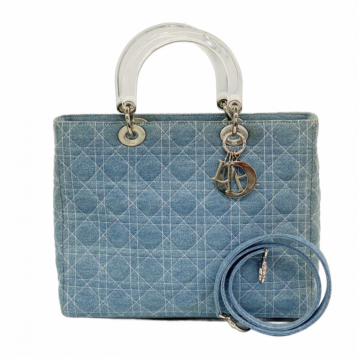【5ob0567】クリスチャンディオール ハンドバッグ カナージュ レディディオール デニム ブルー シルバー金具 2wayバッグ【中古】レディース拍卖
