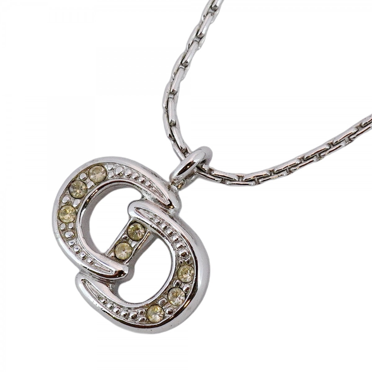 【5jmb0848】クリスチャンディオール ネックレス CDロゴ メタル ラインストーン シルバー【中古】レディース拍卖