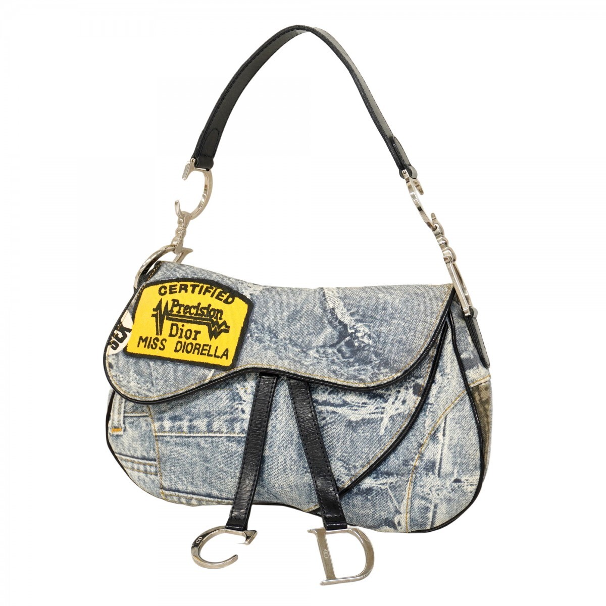 【5ob1033-h】クリスチャンディオール ショルダーバッグ サドルバッグ/デニムプリント キャンバス ブルー ブラック シルバー金具拍卖