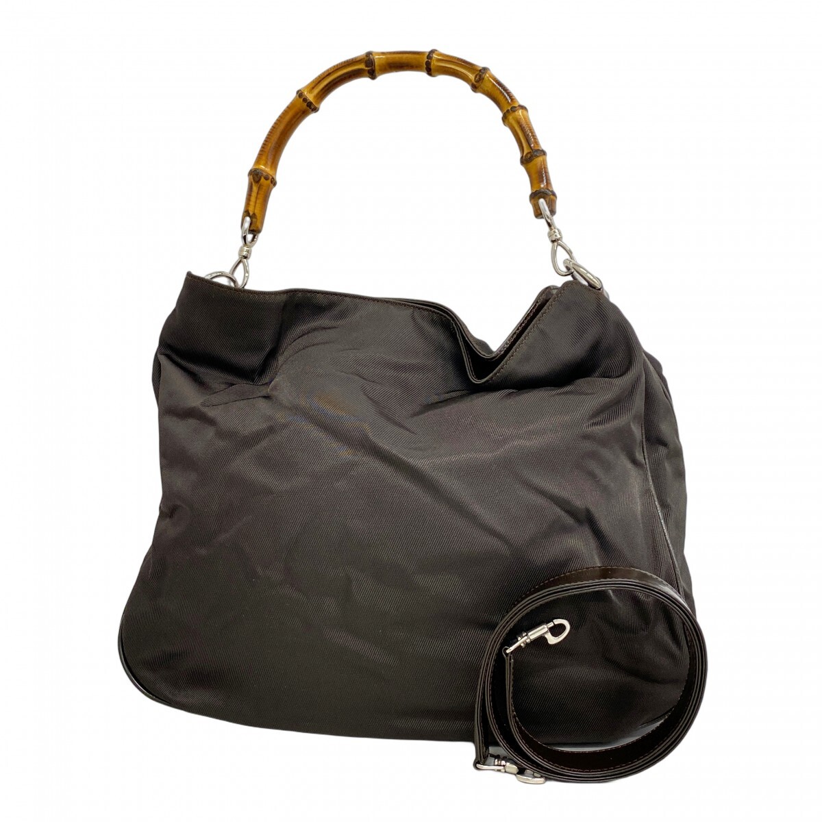 【5ob1251】グッチ ハンドバッグ バンブー 001 1781 1577 ナイロン ダークブラウン シルバー金具 2wayバッグ【中古】レディース拍卖