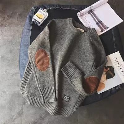 【グレー Mサイズ 】 ニット エルボーパッチ メンズ セーター 秋冬 モックネック 男性 厚い 暖かい拍卖