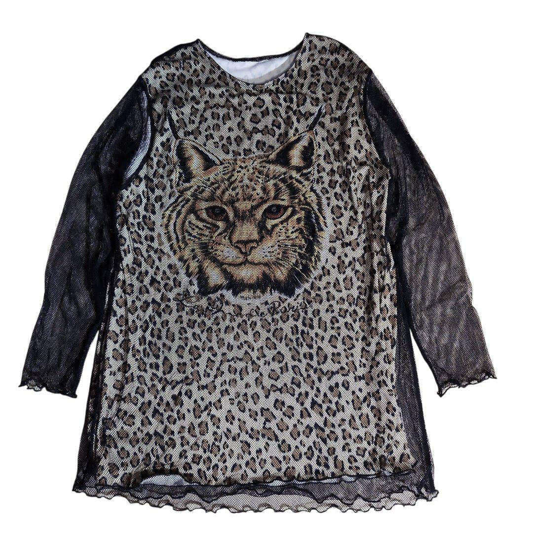 猫 レオパード 袖シースルー・Aライン 長袖 よく伸縮 トップス 総柄 動物アニマル ヒョウ柄 派手・個性的 8904拍卖