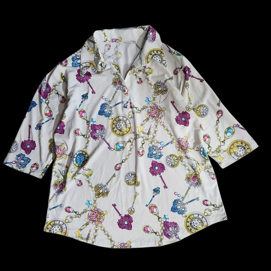 宝石 スカーフ柄 プルオーバー よく伸縮 Aライン 七分袖トップス ラインストーン飾り 総柄 ゆったりデザイン レトロ古着 68858拍卖