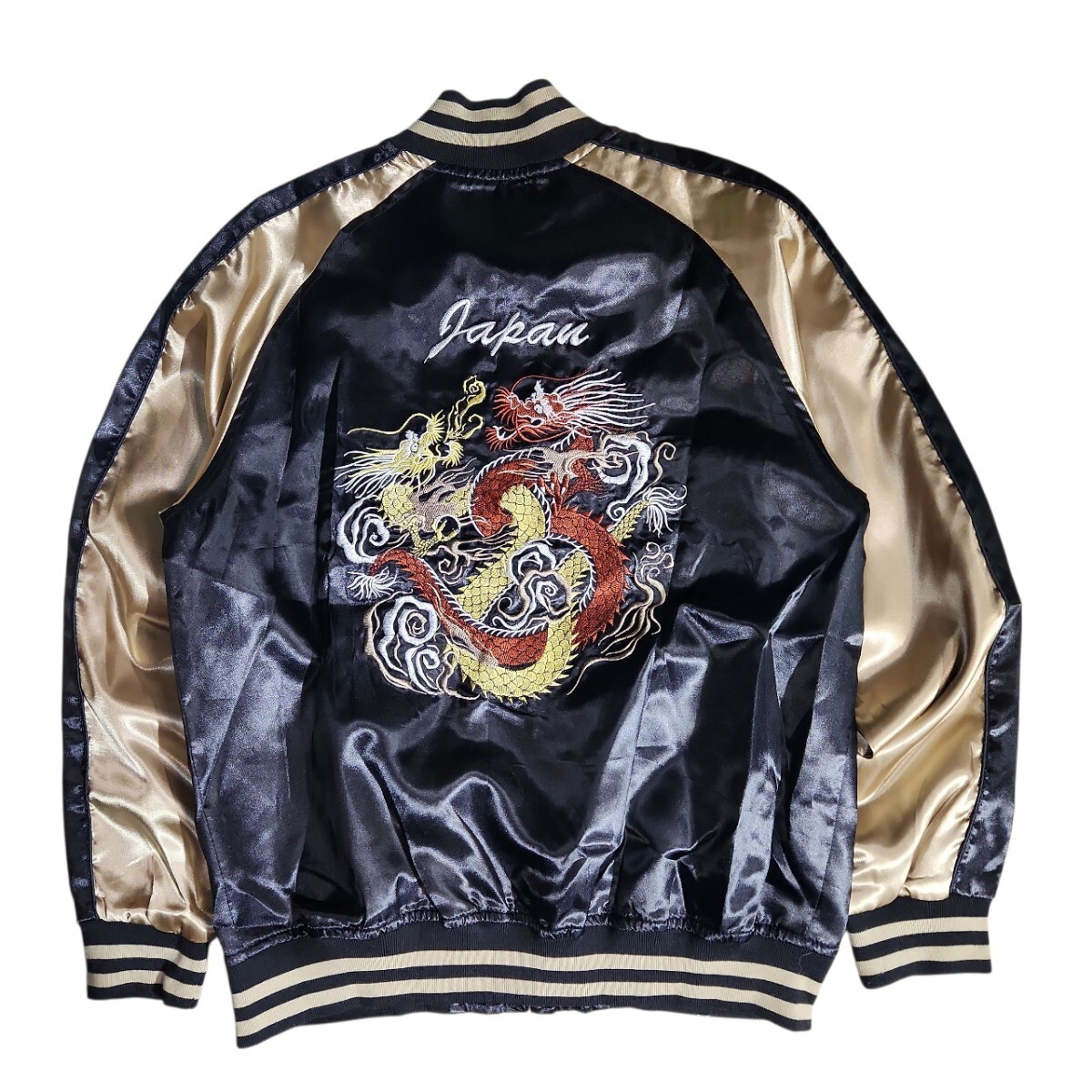 一心如鏡 ドラゴン刺繍 スカジャン 表記サイズL 黒&シャンパンゴールド ●中綿なし サテン 龍 Y2K 84967拍卖
