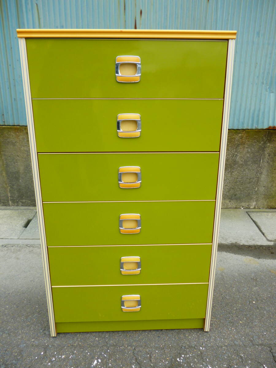 ◆八戸 引取可 昭和レトロ ポップ 収納家具 グリーン 緑 6段 タンス 箪笥 チェスト ヴィンテージ アンティーク キャビネット◆拍卖