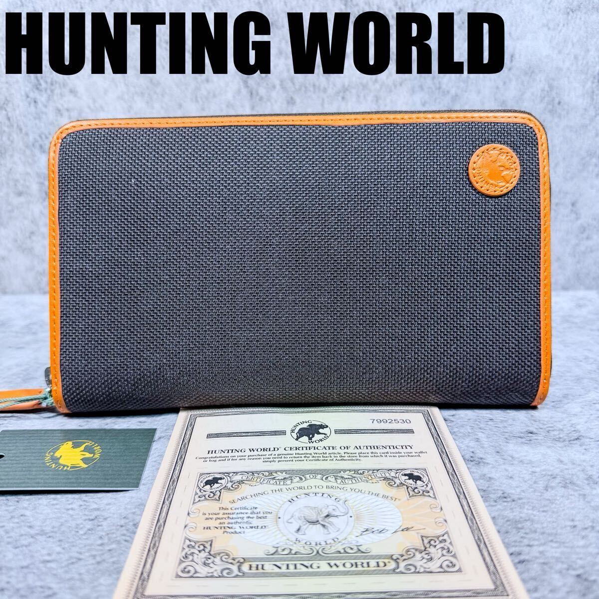 【新品現行】 HUNTING WORLD ハンティングワールド ラウンドファスナー 長財布 財布 ウォレット キャンバス ブラック オレンジ 大容量拍卖