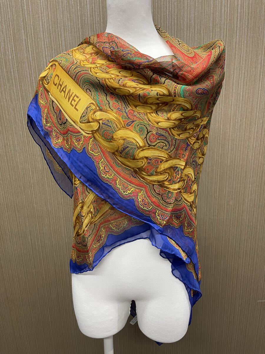 1000円~特大サイズ!未使用近い 正規品 極美品 CHANEL シャネル ペイズリー ロゴ シルク スカーフ タグあり ヴィンテージ O-68拍卖