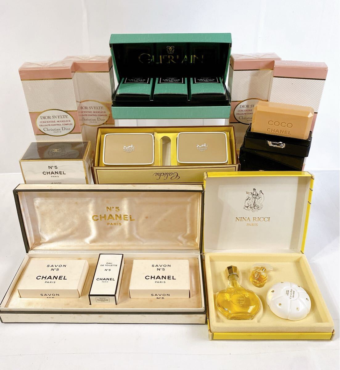 9CHANEL【1スタート】CHANEL GUERLAIN HERMES Dior 香水&石鹸 SOAP 全てほぼ未使用 箱入り 石鹸まとめ拍卖