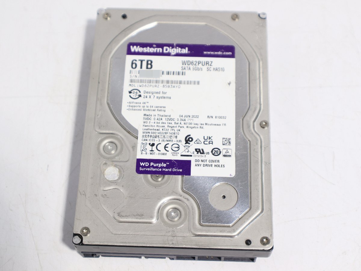 60☆Western Digital HDD 6TB WD Purple WD62PURZ フォーマット済み◇3D-185拍卖