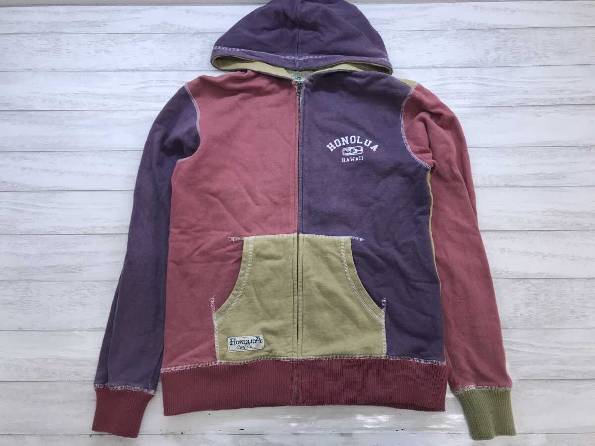 ホノルア HONOLUA レトロ サーフ 配色切替 クレイジーパターン ジップアップ スウェット パーカー ジャケット メンズ 綿麻 M 紫ピンク系拍卖