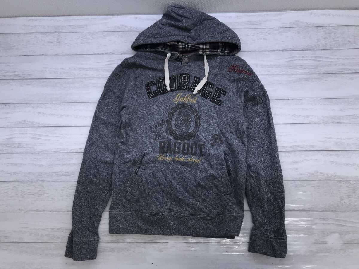 ラグアウト RagOut レトロ アメカジ スポーツ カレッジプリント メランジ スウェット フーディー パーカー メンズ コットン100% M グレー拍卖