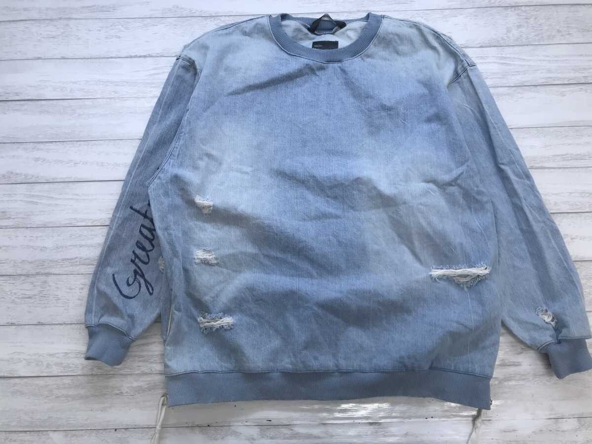 ザラ ZARA アメカジ ストリート グランジ Greatnes 袖プリント ダメージ加工 デニム トレーナー プルオーバー メンズ サイドジップ XL 水色拍卖