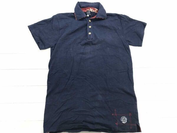 タケオキクチ TK TAKEO KIKUCHI レトロ 和柄 グランジ ネオお兄系 サクラ 千代柄 稲穂刺繍 襟下レイヤード 半袖ポロシャツ メンズ 3 紺拍卖