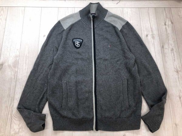 トミーヒルフィガー TOMMY HILFIGER レトロ アメカジ リブ切替 ロゴワッペン ジップアップ ニット トラック ジャケット メンズ M グレー拍卖