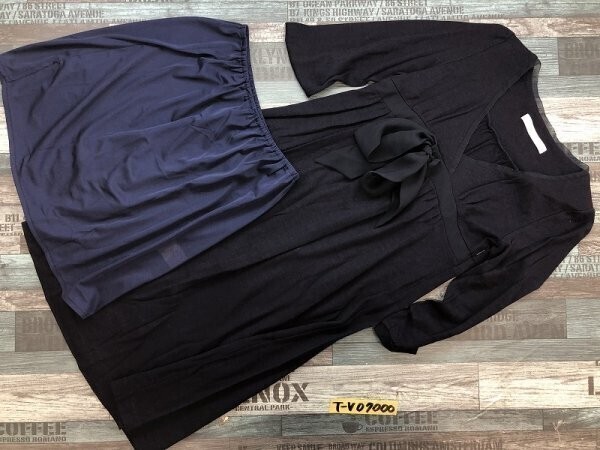 The way of Chic Ray BEAMS レイビームス 七分袖ワンピース+スカート部分ペチコート 日本製 ウール ネイビー拍卖