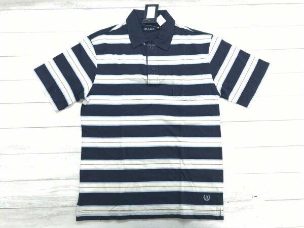新品タグ付き ブレーザー BLAZER アメカジ トラッド スポーツ パターンボーダー 半袖ポロシャツ メンズ コットン100% S 紺拍卖