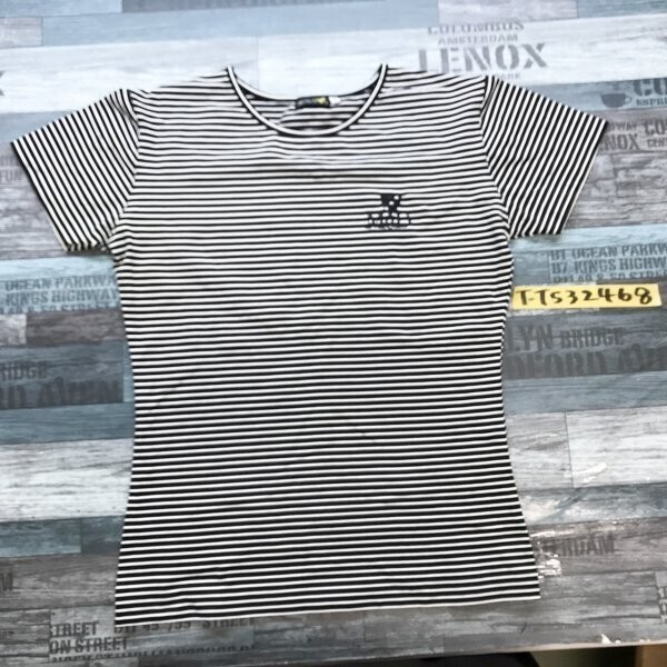 McDavid レディース イタリア製 ボーダー ワンポイントロゴ刺繍 半袖Tシャツ M 黒白拍卖